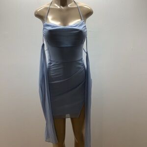 Elegant Size Small Light Blue Sheer Bell Sleeve Mini Dress. Preloved.